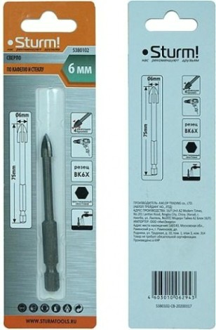 Сверло по стеклу и керамике Sturm 5 380 102 шестигранный хвостовик, 4 грани [5380102]