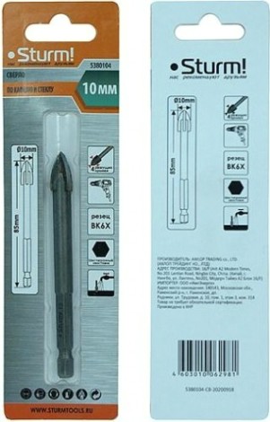 Сверло по стеклу и керамике Sturm 5 380 104 шестигранный хвостовик, 4 грани [5380104]