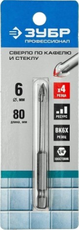 Сверло по стеклу и керамике ЗУБР 6 мм 29845-06_z01 [29845-06_z01]