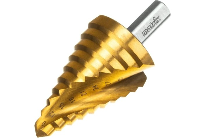 Сверло ступенчатое по металлу HSS, MATRIX 9-12-15-18-21-24-27-30-33-36 мм, трехгранный хвостовик [72358]