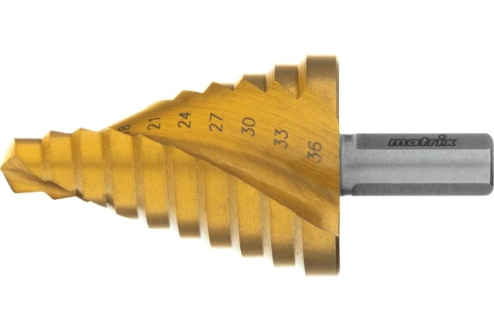 Сверло ступенчатое по металлу HSS, MATRIX 9-12-15-18-21-24-27-30-33-36 мм, трехгранный хвостовик [72358]
