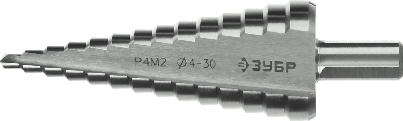 Сверло ступенчатое по металлу ЗУБР МАСТЕР 4-30мм, 14 ступеней, ступенчатое, сталь р4м2 [29665-4-30-14]