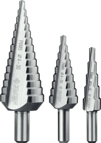 Сверло ступенчатое по металлу ЗУБР ПРОФЕССИОНАЛ 3 шт., 4-30мм, набор ступенчатых сталь р6м5 [29670-4-30-H3_z01]