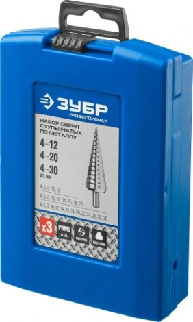 Сверло ступенчатое по металлу ЗУБР ПРОФЕССИОНАЛ 3 шт., 4-30мм, набор ступенчатых сталь р6м5 [29670-4-30-H3_z01]