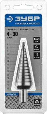 Сверло ступенчатое по металлу ЗУБР ПРОФЕССИОНАЛ 4-30мм, 14 ступеней, ступенчатое, сталь р6м5 [29670-4-30-14_z01]