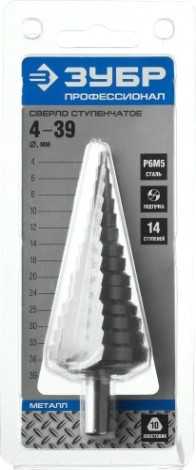 Сверло ступенчатое по металлу ЗУБР ПРОФЕССИОНАЛ 4-39мм, 14 ступеней, ступенчатое, сталь р6м5 [29670-4-39-14_z01]