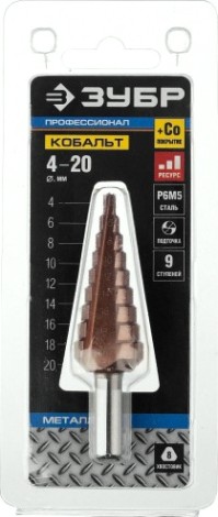 Сверло ступенчатое по металлу ЗУБР ПРОФЕССИОНАЛ кобальт 4-20мм, 9 ступеней, ступенчатое, кобальтов [29672-4-20-9_z01]