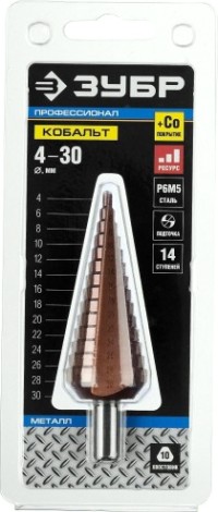 Сверло ступенчатое по металлу ЗУБР ПРОФЕССИОНАЛ кобальт 4-30мм, 14 ступеней, ступенчатое, кобальто [29672-4-30-14_z01]