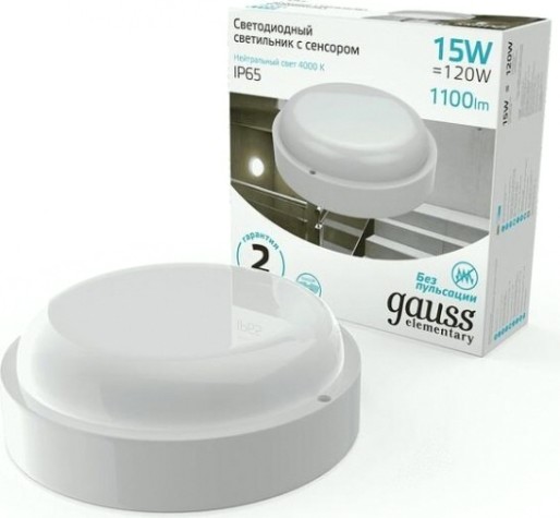 Светильник для ЖКХ светодиодный GAUSS Elementary круг 15w 1100lm 4000k 160-260v ip65 d155*52мм [126411215-S]