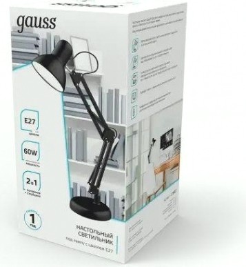 Светильник настольный GAUSS GTL002 60w 220-240v e27 черный струбцина и основание [GT0022]