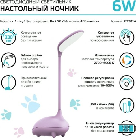 Светильник настольный GAUSS Qplus GTL701 5V Li-ion 1200mA розовый, диммируемый [GT7014]