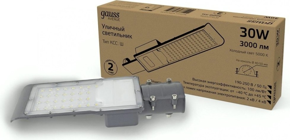 Светильник уличный GAUSS Avenue 30w 3000lm 5000k 190-250v ip65 316*130*57мм черный [629534330]