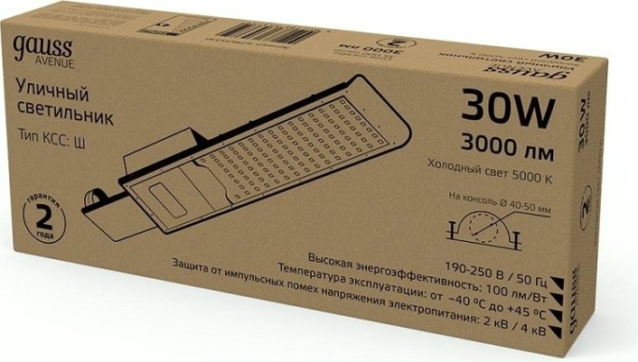 Светильник уличный GAUSS Avenue 30w 3000lm 5000k 190-250v ip65 316*130*57мм черный [629534330]