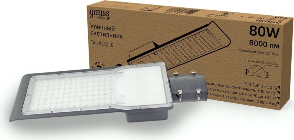 Светильник уличный GAUSS Avenue 80w 8000lm 5000k 190-250v ip65 420*160*57мм черный [629534380]