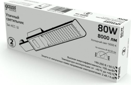 Светильник уличный GAUSS Avenue 80w 8000lm 5000k 190-250v ip65 420*160*57мм черный [629534380]