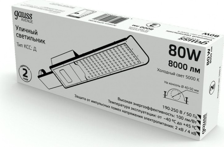 Светильник уличный GAUSS Avenue КСС "Д" 80w 8000lm 5000k 190-250v ip65 черный [629536380]