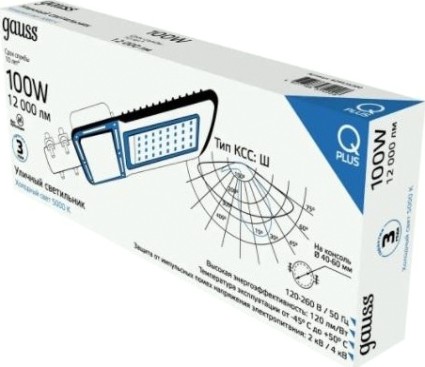 Светильник уличный GAUSS Qplus 100w 12000lm 5000k 120-260v ip65 455*180*49мм черн [629535300]