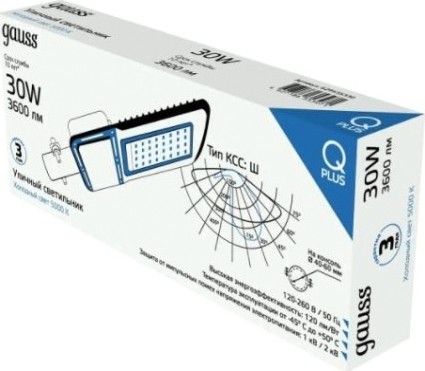Светильник уличный GAUSS Qplus 30w 3600lm 5000k 120-260v ip65 370*145*45мм черный [629535330]