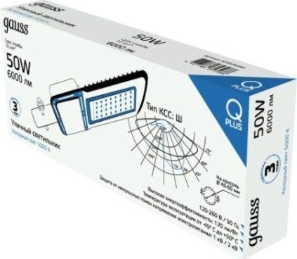 Светильник уличный GAUSS Qplus 50w 6000lm 5000k 120-260v ip65 370*145*45мм черный [629535350]