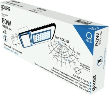 Светильник уличный GAUSS Qplus 80w 9600lm 5000k 120-260v ip65 455*180*49мм черный [629535380]