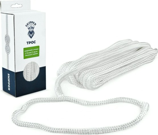 Трос швартовый с огоном SKIPPER плетеный, 8мм*6,1м, нейлон белый [SK-TDNBR861W]