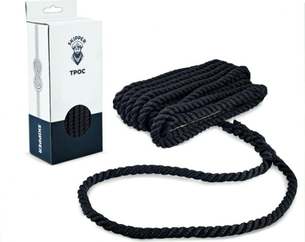 Трос швартовый с огоном SKIPPER трехпрядный, 12мм*10,67м, нейлон черный [SK-TDN3ST121067B]