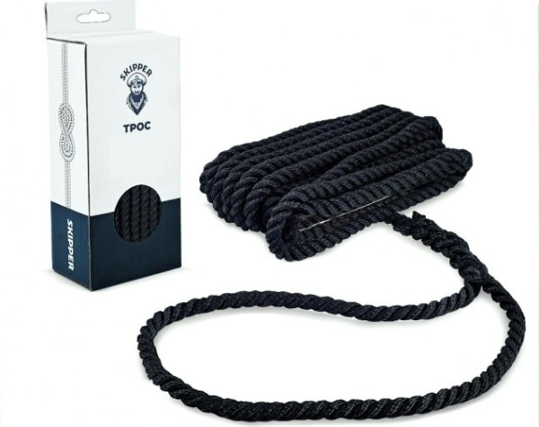 Трос швартовый с огоном SKIPPER трехпрядный, 8мм*7,62м, нейлон черный [SK-TDN3ST8762B]