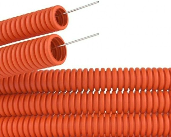 Труба гофрированная REXANT 28-0016-5 из ПВХ с зондом ø16мм, оранжевая (100 м/уп)