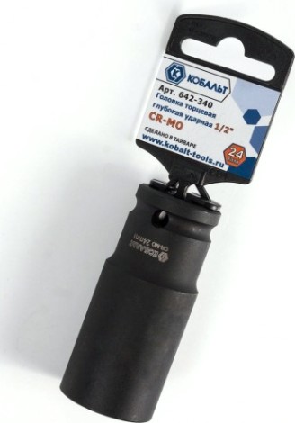 Ударная головка шестигранная с посадкой 1/2" Кобальт 642-340 торцевая глубокая 24 мм, cr-mo