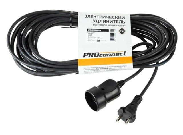Удлинитель без катушки Proconnect 11-7114 ПВС 2х0.75, 10 м, б/з, 6A, 1300 Bт, ip20, черный