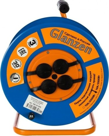 Удлинитель на катушке GLANZEN EB-30-009 КГ 3х1,5 30м (металлическая катушка) Удлинитель на катушке GLANZEN EB-30-009 КГ 3х1,5 30м (металлическая катушка)