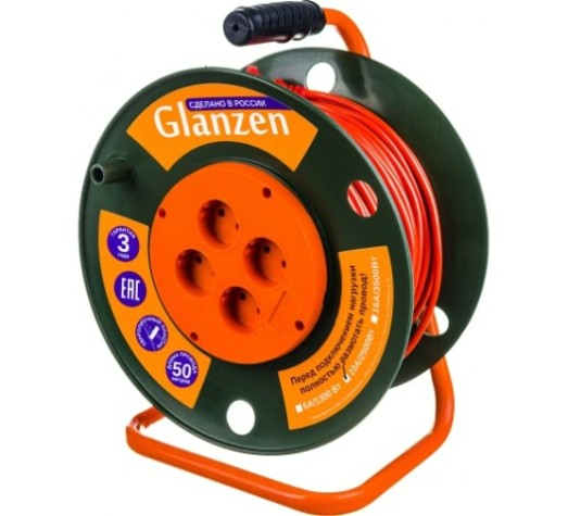 Удлинитель на катушке GLANZEN EB-50-003 силовой 4 гнезда, ПВС 2х1