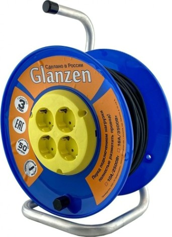 Удлинитель на катушке GLANZEN EB-50-018 силовой 4 гн. пвс 3х0,75