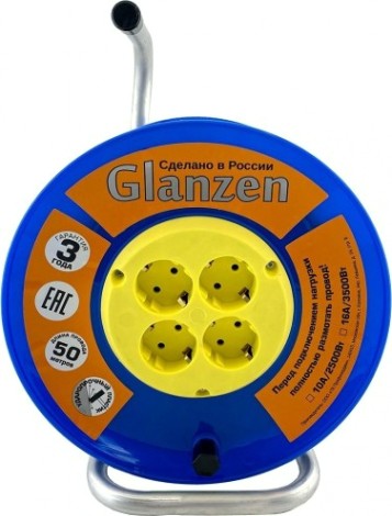 Удлинитель на катушке GLANZEN EB-50-018 силовой 4 гн. пвс 3х0,75