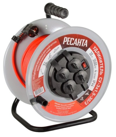Удлинитель на катушке Ресанта СУ-3х1,5-30/3 силовой, металлич. катушка (с выкл., 4 розетки, ip [61/118/7]