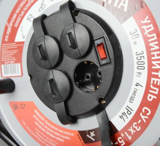 Удлинитель на катушке Ресанта СУ-3х1,5-30/3 силовой, металлич. катушка (с выкл., 4 розетки, ip [61/118/7]