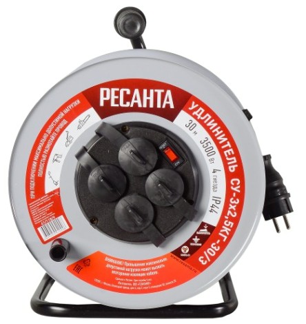 Удлинитель на катушке Ресанта СУ-3х2,5КГ-30/3 силовой, металлич. катушка (с выкл., 4 розетки, ip [61/118/9]