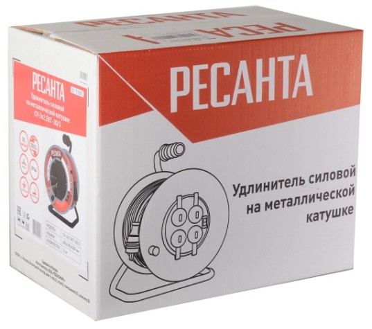 Удлинитель на катушке Ресанта СУ-3х2,5КГ-30/3 силовой, металлич. катушка (с выкл., 4 розетки, ip [61/118/9]