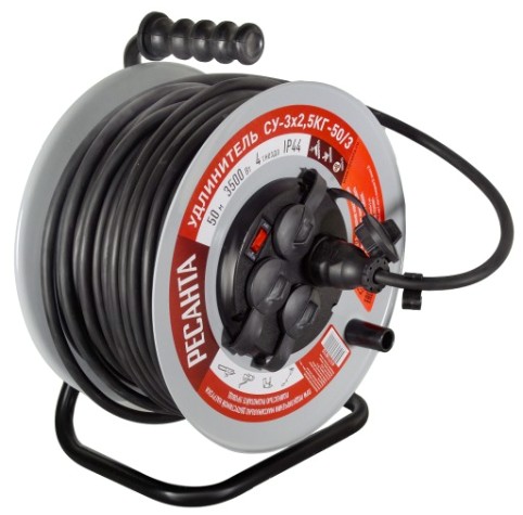 Удлинитель на катушке Ресанта СУ-3х2,5КГ-50/3 силовой, металлич. катушка (с выкл., 4 розетки, ip [61/118/10]