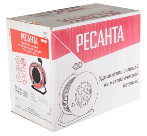 Удлинитель на катушке Ресанта СУ-3х2,5КГ-50/3 силовой, металлич. катушка (с выкл., 4 розетки, ip [61/118/10]