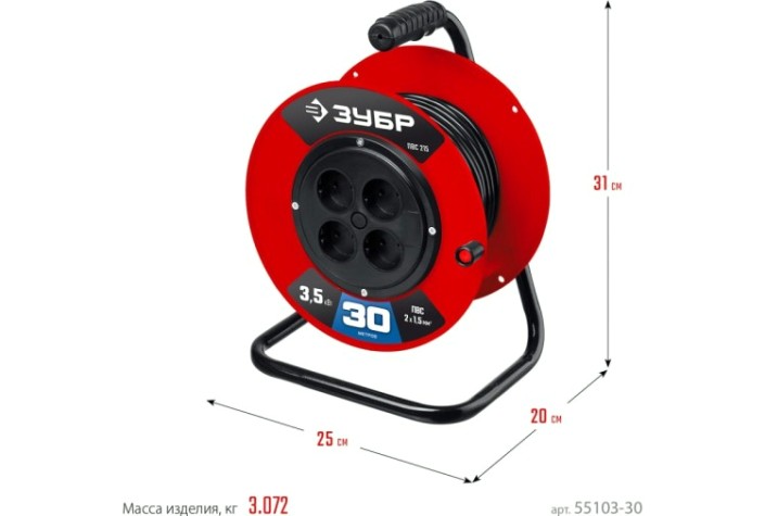Удлинитель на катушке ЗУБР 55103-30 силовой пвс 2х1.5 30м 3500вт, пвс 215 Удлинитель на катушке ЗУБР 55103-30 силовой пвс 2х1.5 30м 3500вт, пвс 215