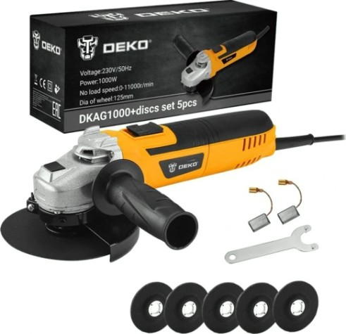 Угловая шлифмашина сетевая DEKO DKAG1000 с регулировкой скорости + набор дисков 5 шт. [063-4290]