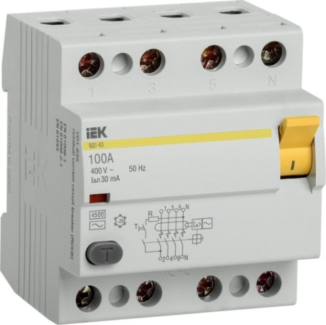 Выключатель дифференциальный (УЗО) IEK ВД1-63 4п 100А 30мА тип АС [MDV10-4-100-030]