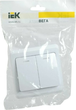 Выключатель двухклавишный IEK Вега ВС10-2-1-ВБ 10А IP20 с индикацией, белый [EVV21-K01-10-DM]