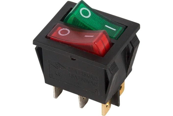 Выключатель клавишный REXANT 250V 15A (6с) ON-OFF (уп.10 штук) красный/зеленый с подсветкой ДВОЙНОЙ (RWB-511) [36-2450]