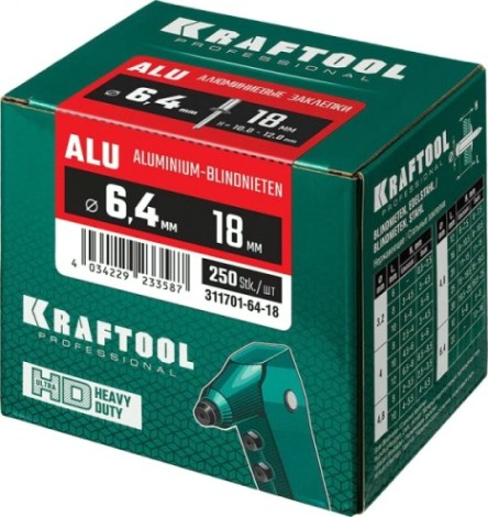 Заклепка алюминиевая KRAFTOOL 6.4 х 18 (уп.250 шт.) [311701-64-18]