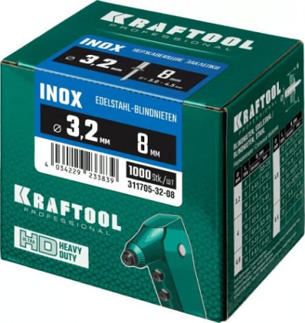 Заклепка из нержавеющей стали KRAFTOOL Inox 3.2х8 мм, 1000 шт [311705-32-08]