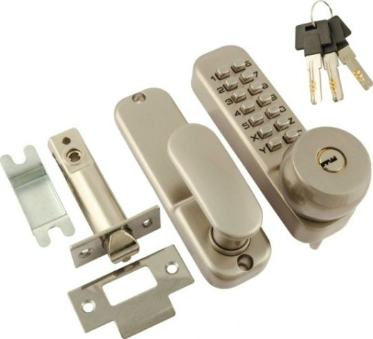 Замок накладной кодовый НОРА-М 370 с блокир. автозапир. и цилиндром "Матовый никель" [7339]