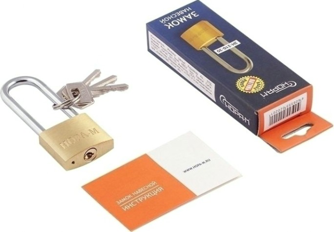 Замок навесной НОРА-М ЗН-210 с длинной дужкой "Латунь" 30 мм [6698]