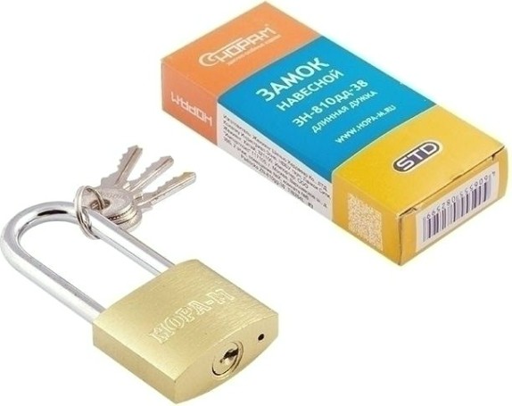 Замок навесной НОРА-М ЗН-810дд с длинной дужкой "Латунь" 38 мм [16883]